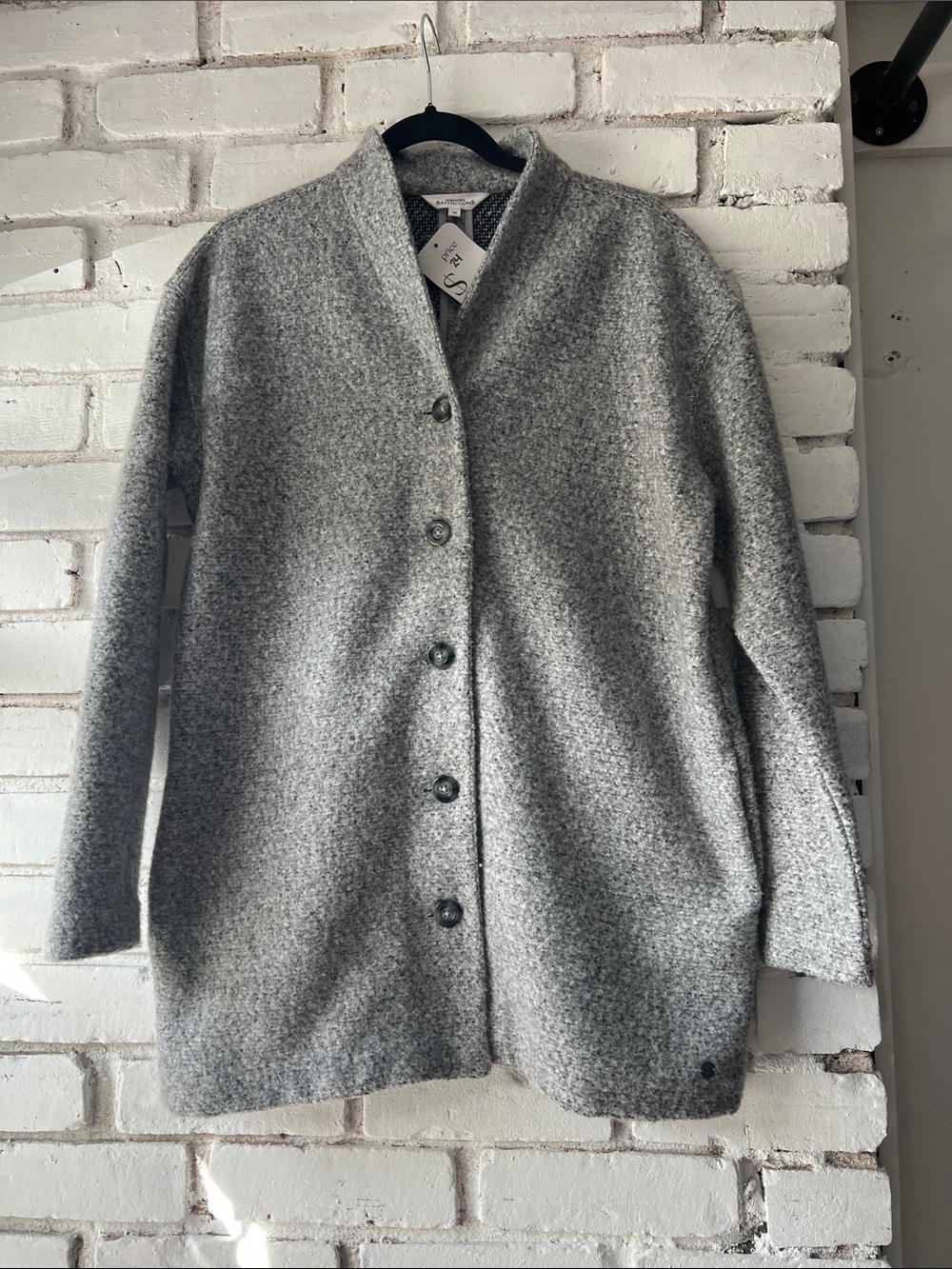 Minimalist Grey cozy Button-Front Coat with roll collar mid length sweater coat